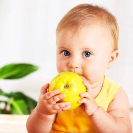 cuidados com a higienização dos alimentos na introdução alimentar Bebê segurando uma fruta.